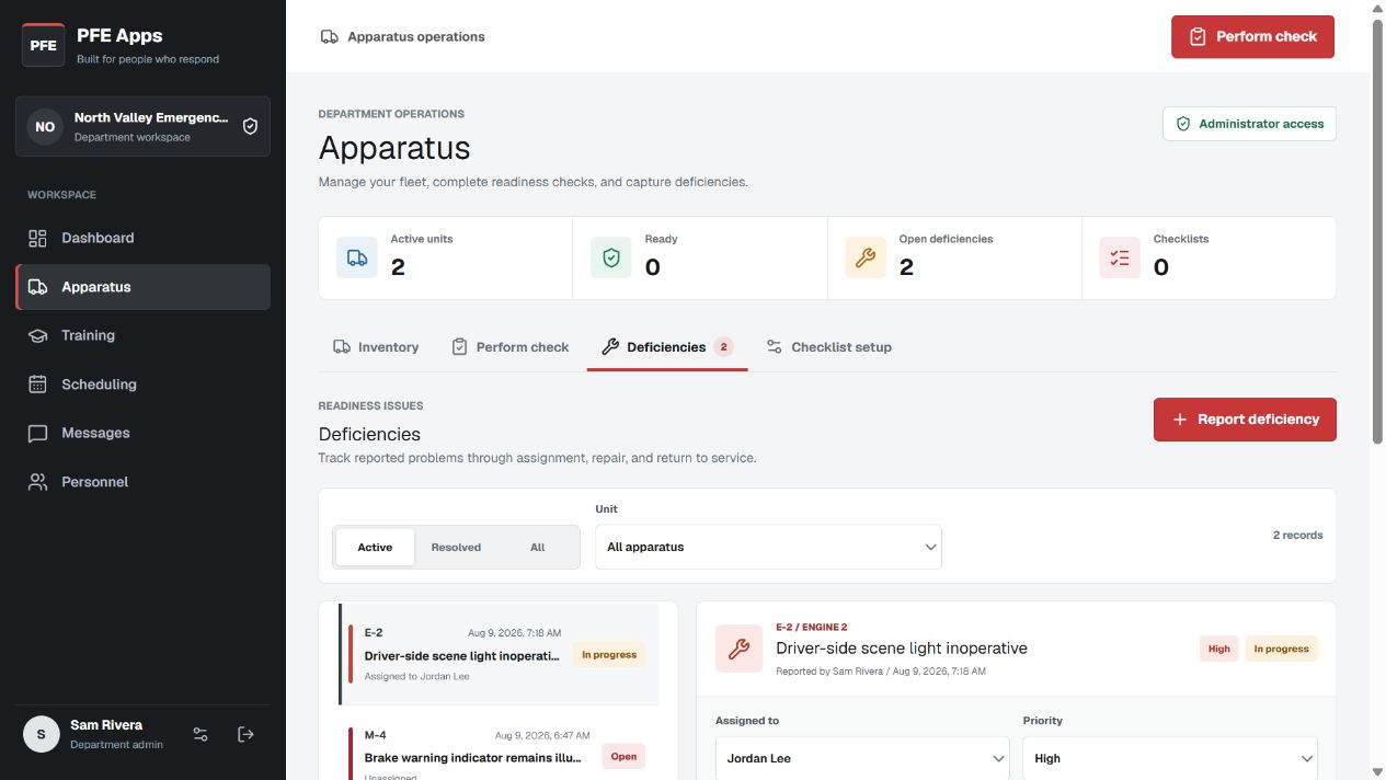PFE Apps deficiency queue showing apparatus issues, assignment, priority, status, and activity