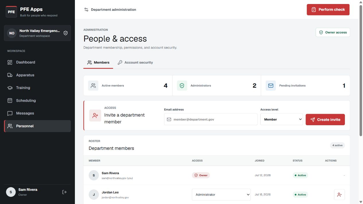 PFE Apps people and access screen with member roles and department invitations